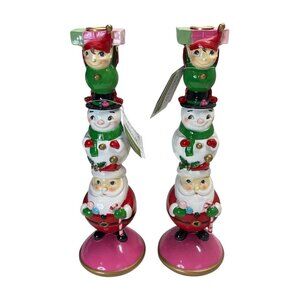Jingles & Joy Elf Snowman Santa Christmas Candlestick Candle Holders Set Holiday